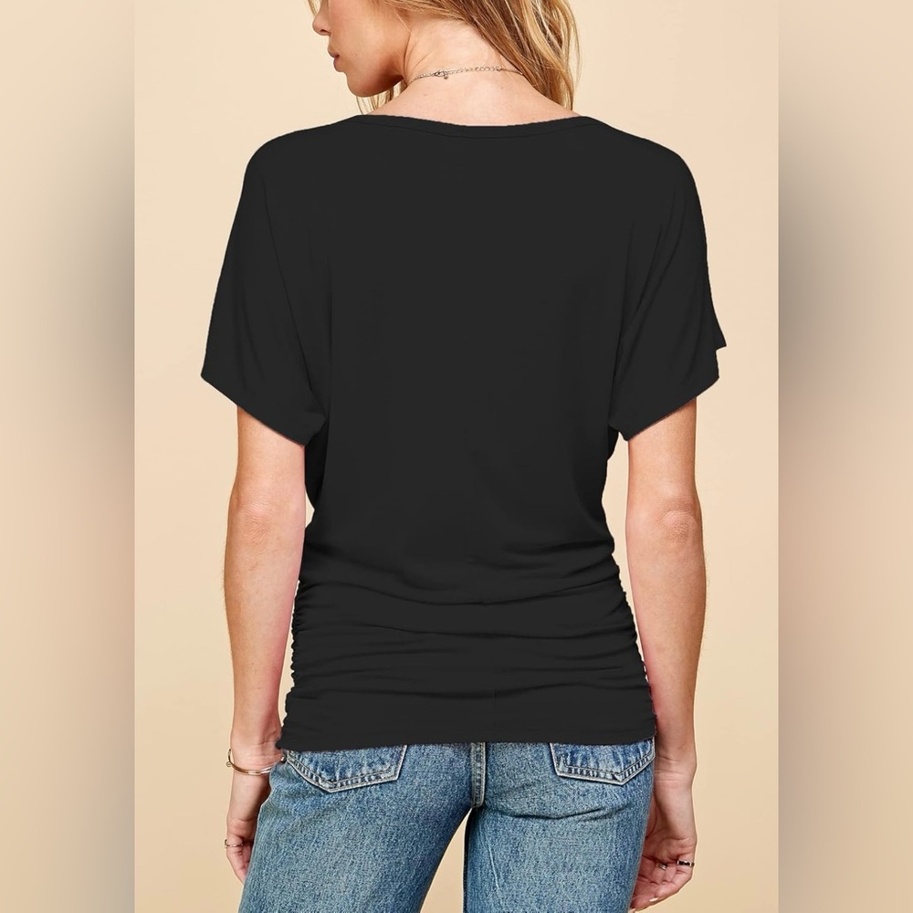 Casual Solid Short Sleeve Boat Neck Dolman Top with Side Shirring -black - Picture 4 of 5